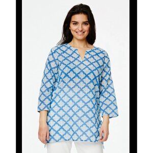 Robert Roller Rabbit XS Cotton Blue & White Printed Tunic Top With 3/4 Sleeves &